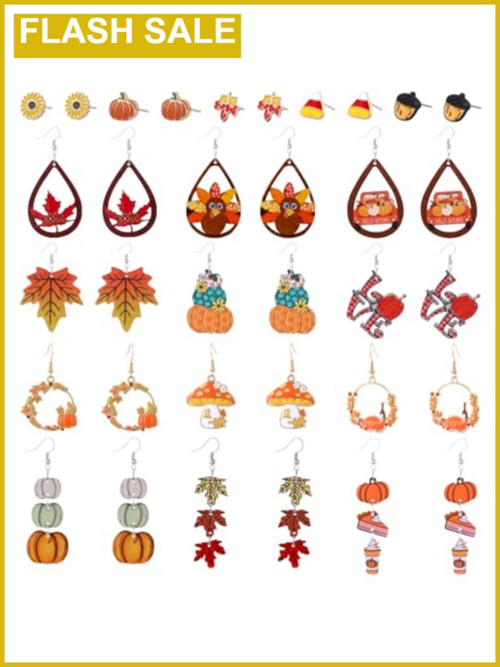 Thanksgiving Earrings Set 17 Pairs Wood Alloy Dangle Stud Fall Jewelry Gift